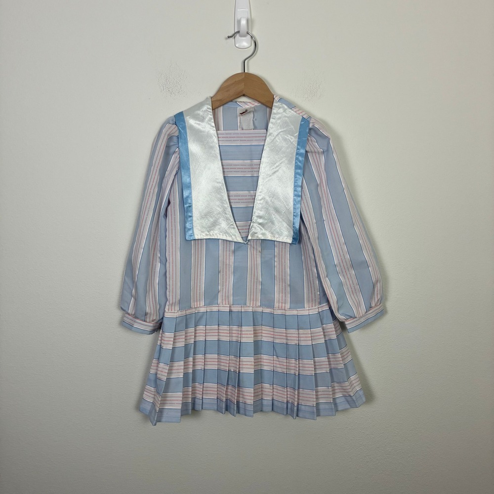 Vintage Winnie the Pooh Girls 6X Sailor Dress Blue Pink Striped Pleated Retro‎